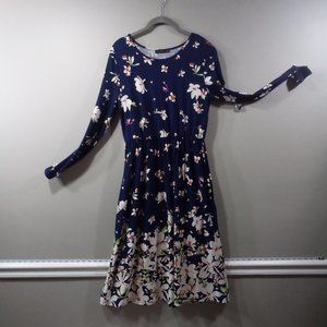 Long sleeve floral print dress, blue, cream, gathered high waist, low pockets, M